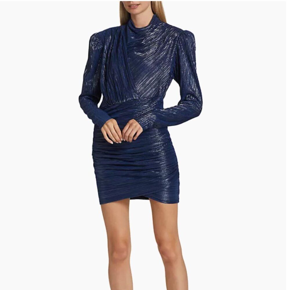 Sabina Masayev (Nwt) Maya Foil Pleated Knit Minidress, Blue, Size S